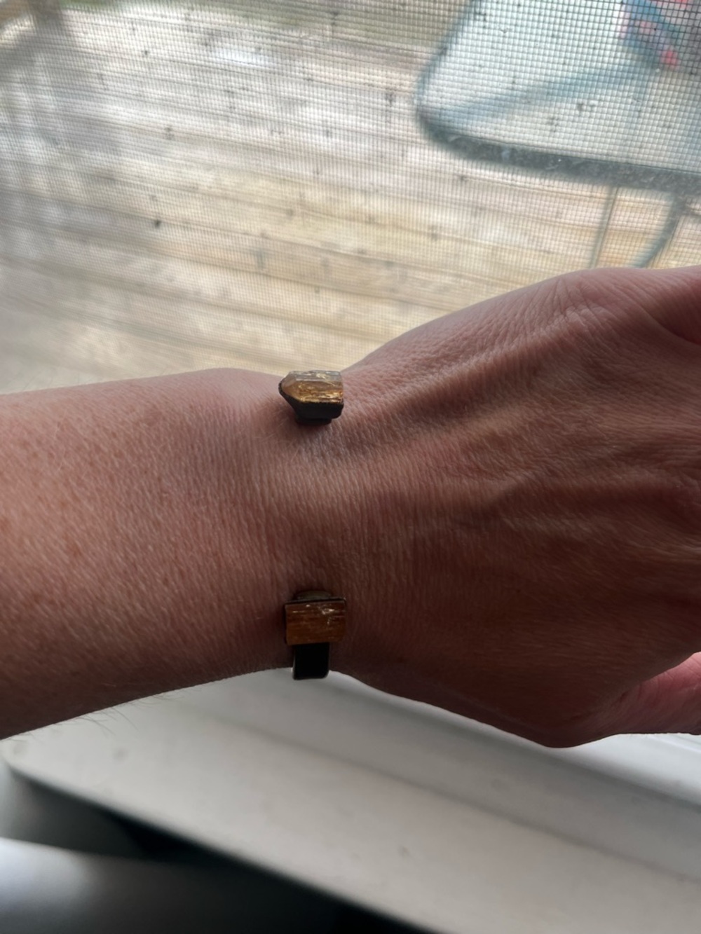 Black Leather Cuff Bracelet with Gold-Tone Stone Accents